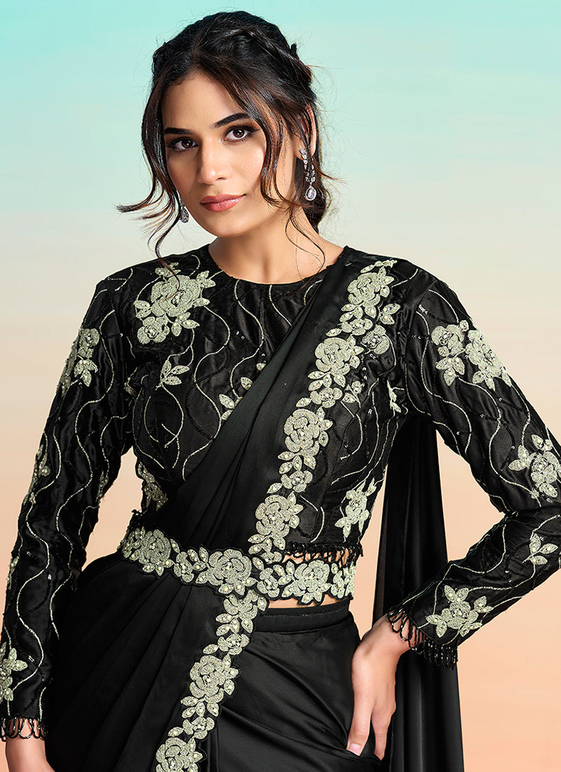 Black Satin Silk Embroidery Work Festival Wear Readymade Saree SW518855