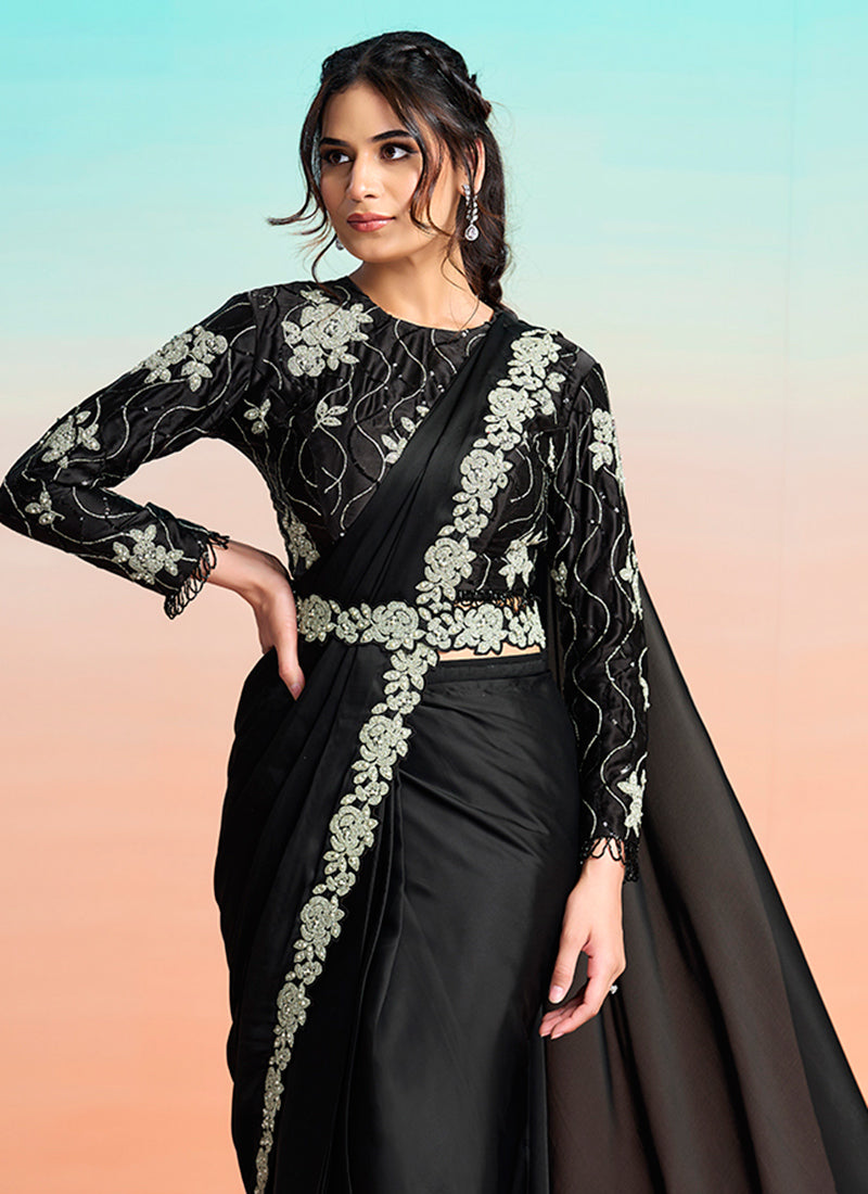 Black Satin Silk Embroidery Work Festival Wear Readymade Saree SW518855
