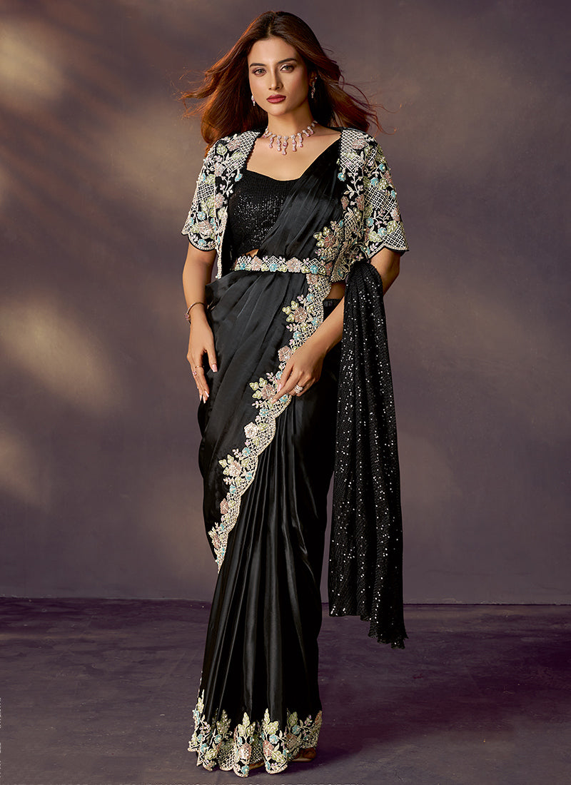 Satin Silk Black Wedding Wear Mirror & Stone Work Ready To Wear Saree 386138