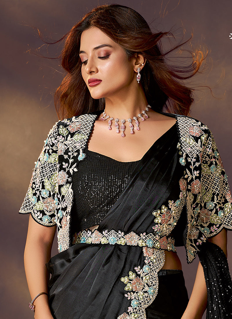 Satin Silk Black Wedding Wear Mirror & Stone Work Ready To Wear Saree 386138