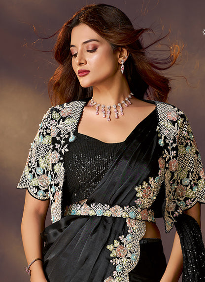 Satin Silk Black Wedding Wear Mirror & Stone Work Ready To Wear Saree 386138