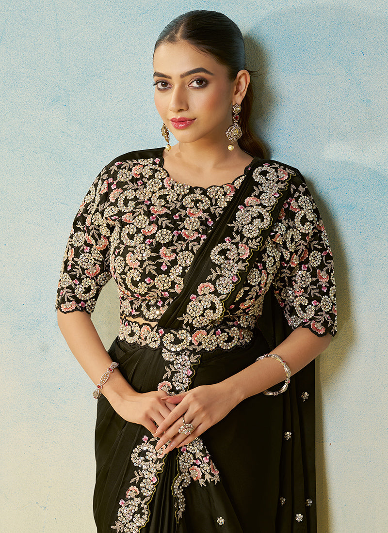 Black Satin Silk Sequin Work Party Wear Ready To Wear Saree SW562056