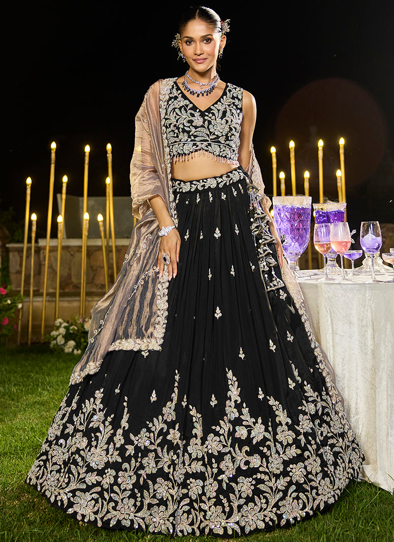 Satin Silk Pure Black Wedding Wear Embroidery Work Readymade Lehenga Choli