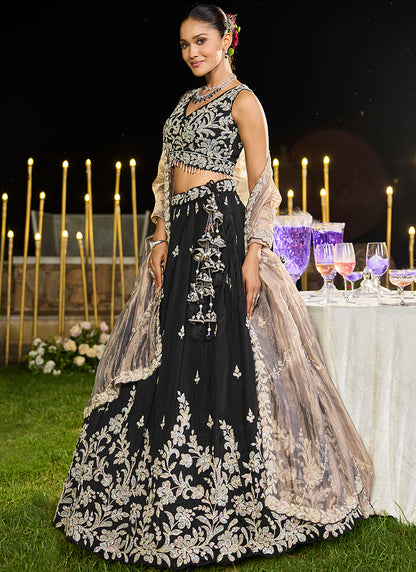 Satin Silk Pure Black Wedding Wear Embroidery Work Readymade Lehenga Choli