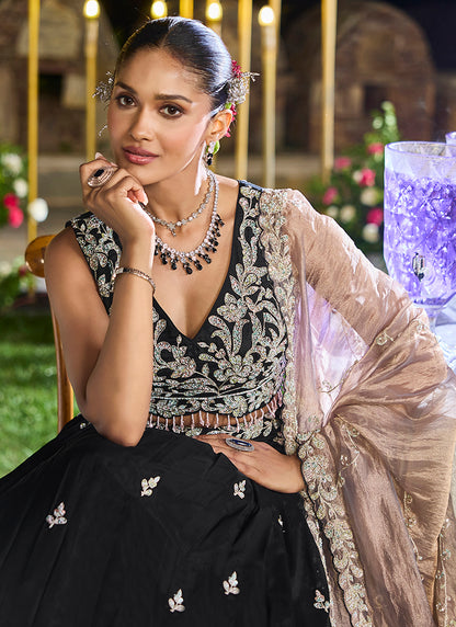 Satin Silk Pure Black Wedding Wear Embroidery Work Readymade Lehenga Choli