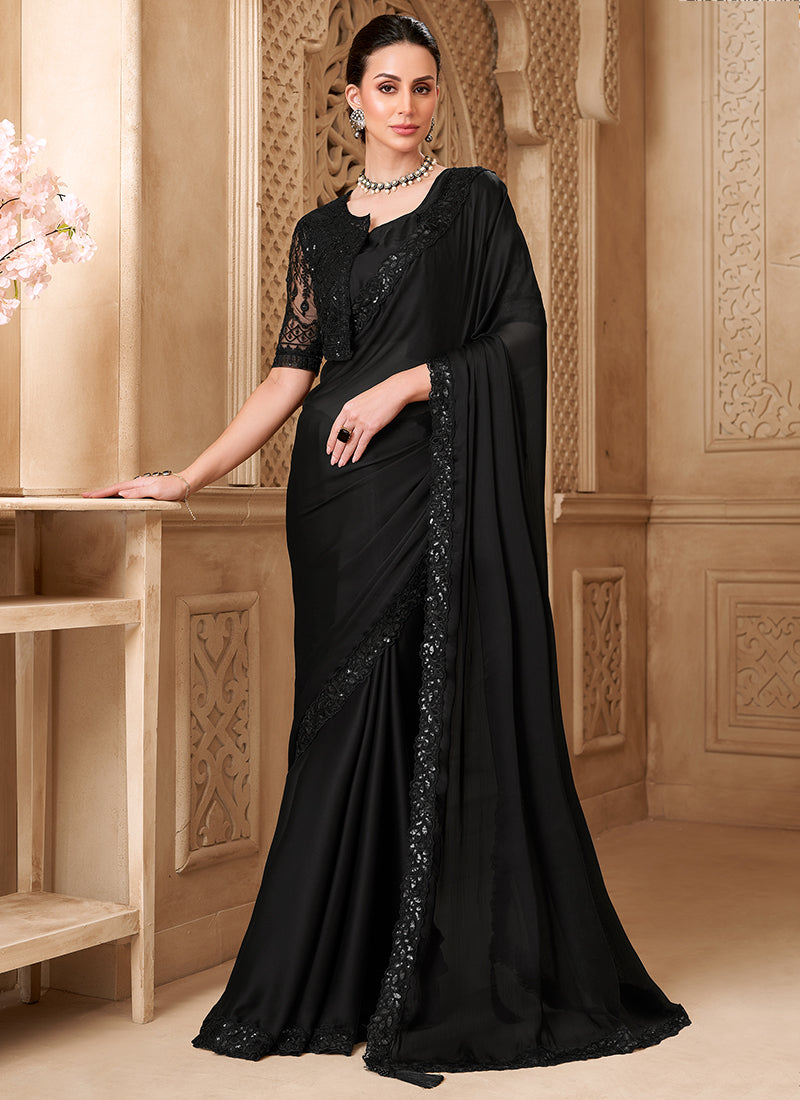 Satin Silk Black Party Wear Embroidery Work Saree 385713