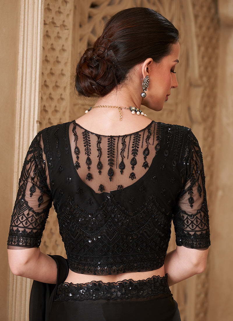 Satin Silk Black Party Wear Embroidery Work Saree 385713
