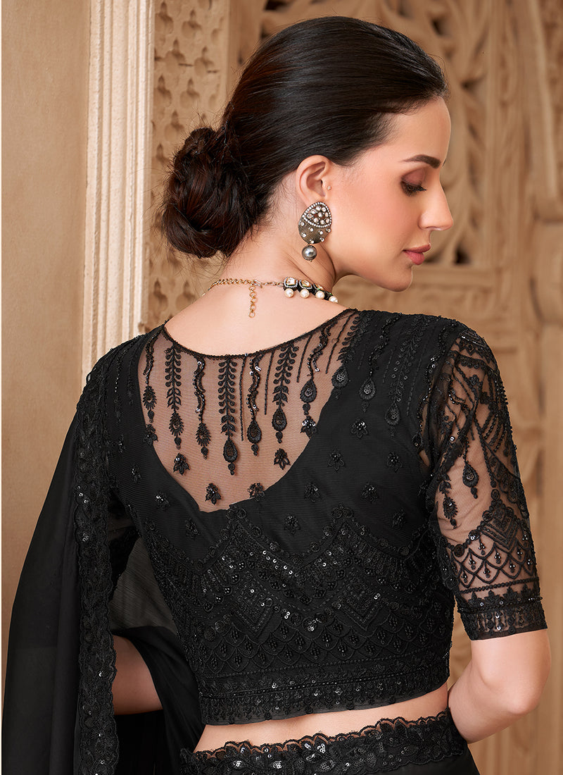 Satin Silk Black Party Wear Embroidery Work Saree 385713