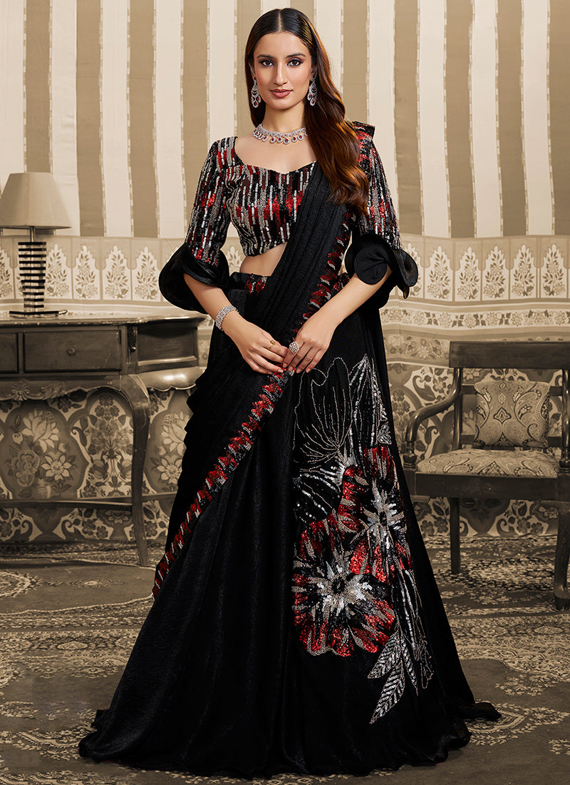Black Satin Embroidery Work Wedding Wear Ready To Wear Indowestern Saree SW598199