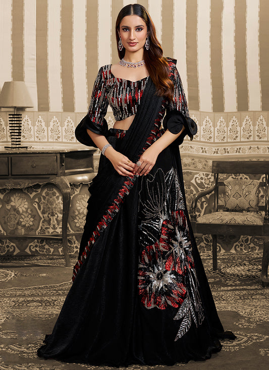 Black Satin Embroidery Work Wedding Wear Ready To Wear Indowestern Saree SW598199