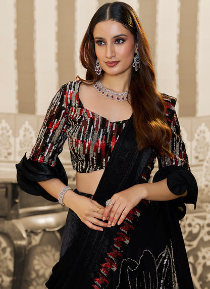 Black Satin Embroidery Work Wedding Wear Ready To Wear Indowestern Saree SW598199