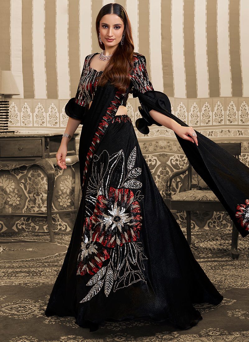 Black Satin Embroidery Work Wedding Wear Ready To Wear Indowestern Saree SW598199