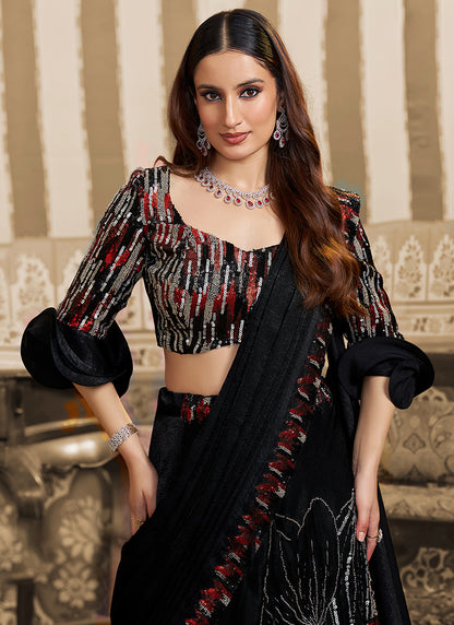 Black Satin Embroidery Work Wedding Wear Ready To Wear Indowestern Saree SW598199