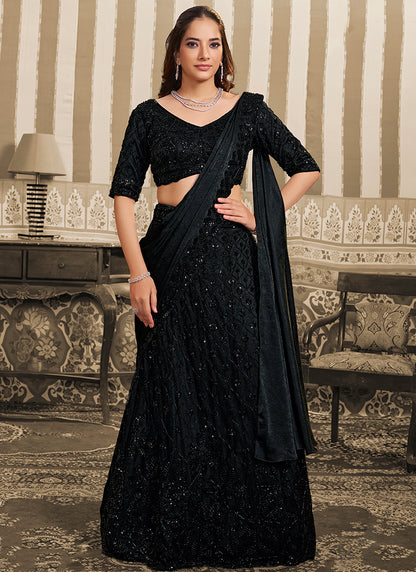 Black Satin Embroidery Work Wedding Wear Ready To Wear Indowestern Saree SW186403