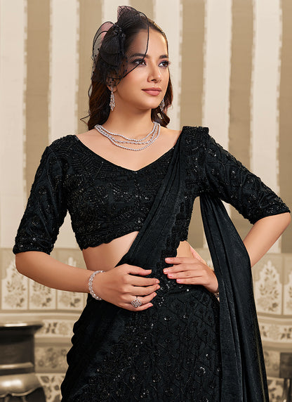 Black Satin Embroidery Work Wedding Wear Ready To Wear Indowestern Saree SW186403
