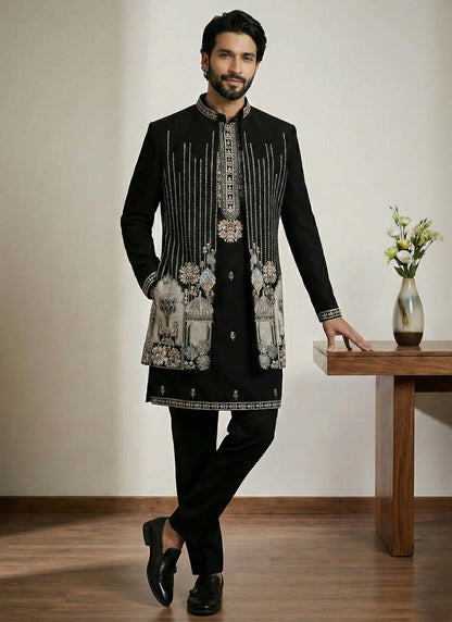 Black Satin Embroidery Work Wedding Wear Readymade 3 Pcs Suit SW603949