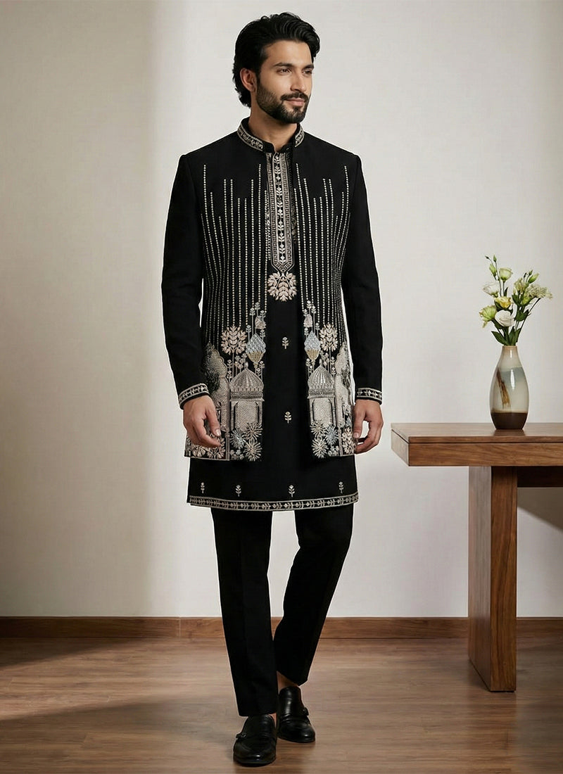 Black Satin Embroidery Work Wedding Wear Readymade 3 Pcs Suit SW603949