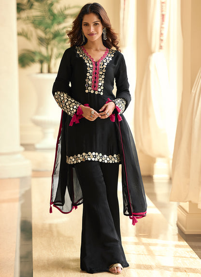 Black Shimmer Silk Mirror Work Occasional Wear Readymade Plazzo Suit SW663203