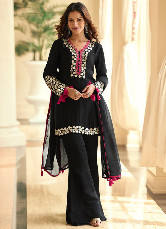 Black Shimmer Silk Mirror Work Occasional Wear Readymade Plazzo Suit SW663203