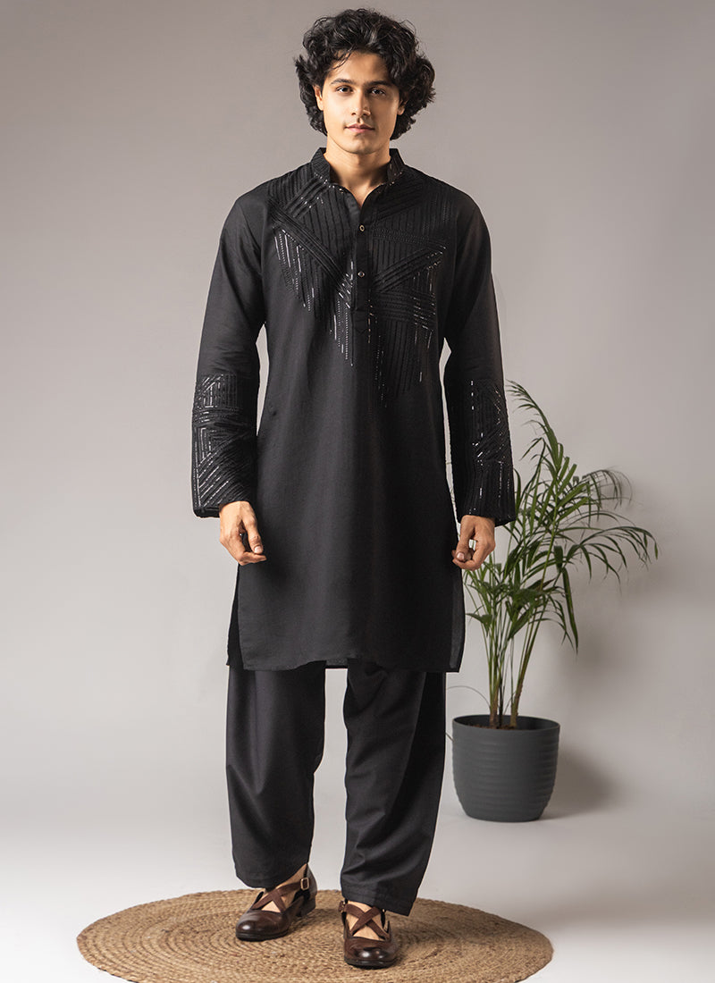 Black Silk Blend Embroidery Work Festival Wear Readymade Kurta Pajama SW483597