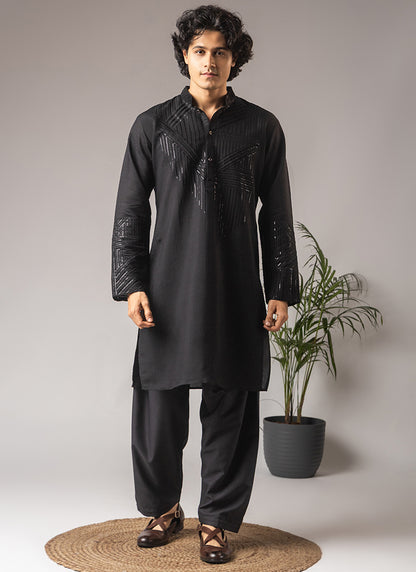 Black Silk Blend Embroidery Work Festival Wear Readymade Kurta Pajama SW483597