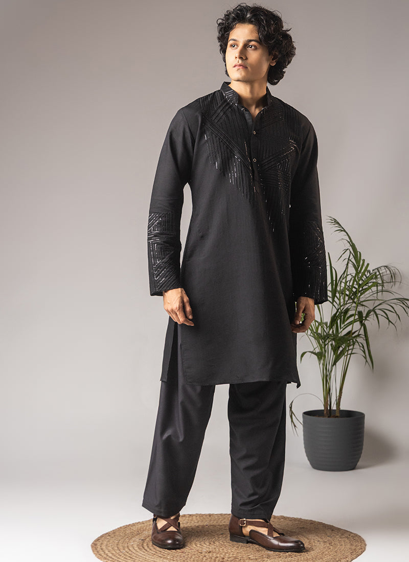 Black Silk Blend Embroidery Work Festival Wear Readymade Kurta Pajama SW483597