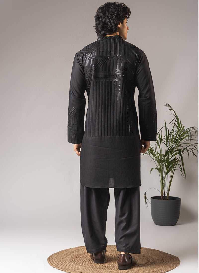 Black Silk Blend Embroidery Work Festival Wear Readymade Kurta Pajama SW483597