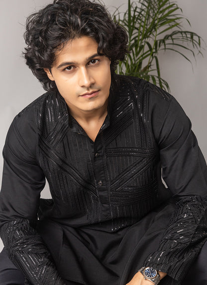 Black Silk Blend Embroidery Work Festival Wear Readymade Kurta Pajama SW483597