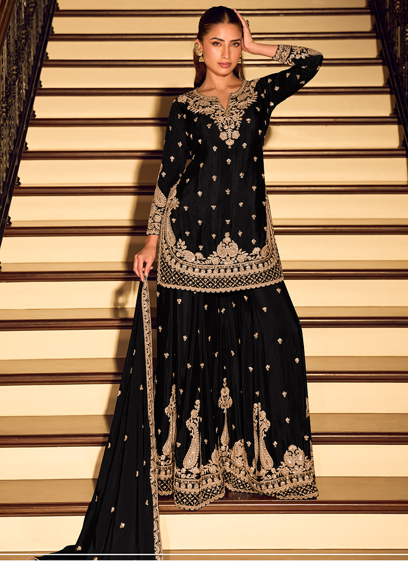 Black Silk Embroidery Work Party Wear Readymade Plazzo Suit SW761244