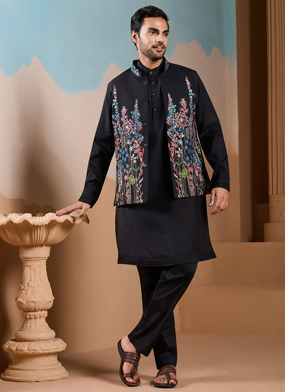 Silk Black Wedding Wear Embroidery Work Readymade Kurta Pajama With Jacket 387115
