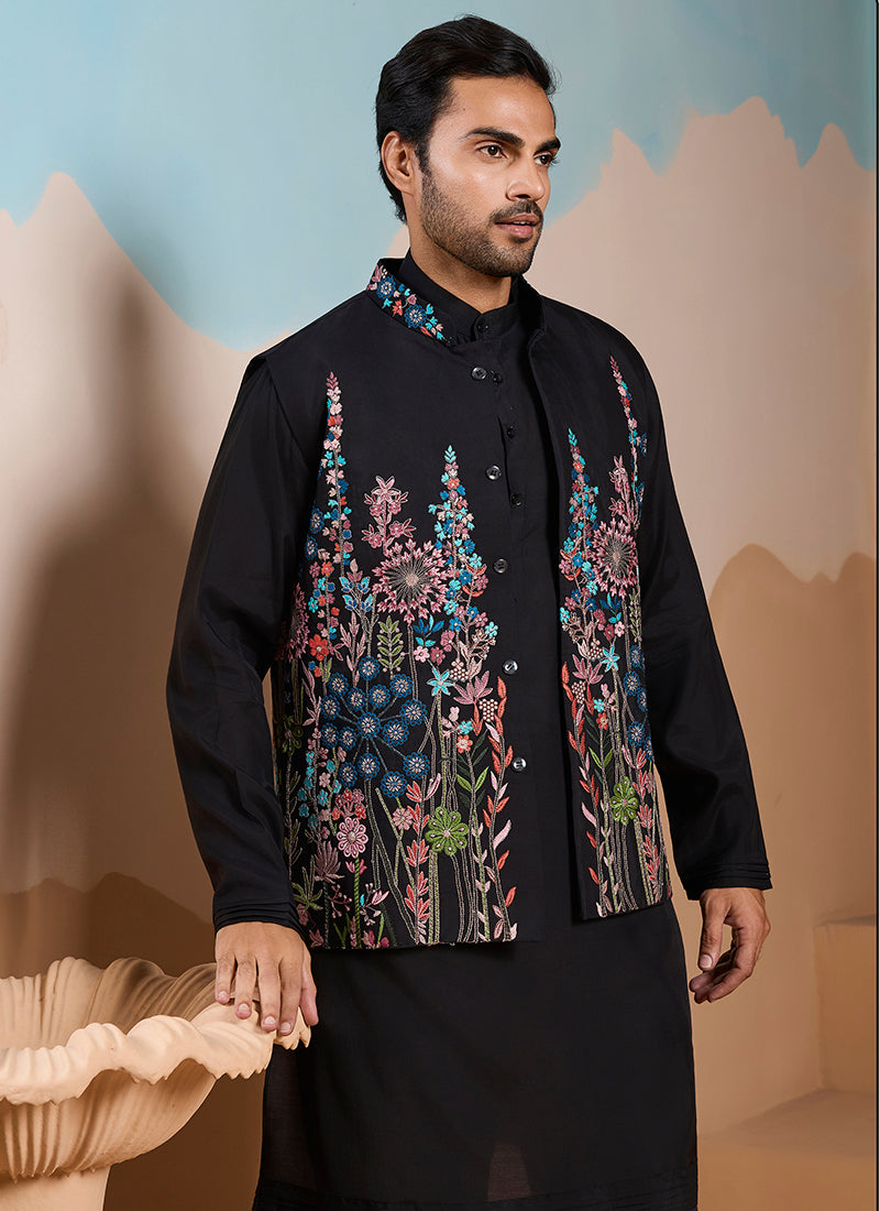 Silk Black Wedding Wear Embroidery Work Readymade Kurta Pajama With Jacket 387115