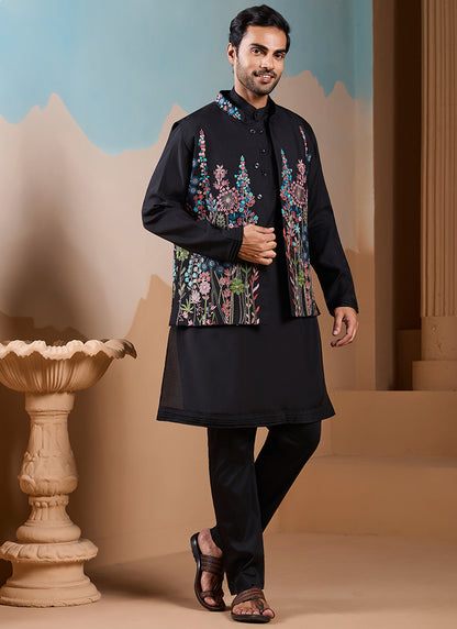 Silk Black Wedding Wear Embroidery Work Readymade Kurta Pajama With Jacket 387115