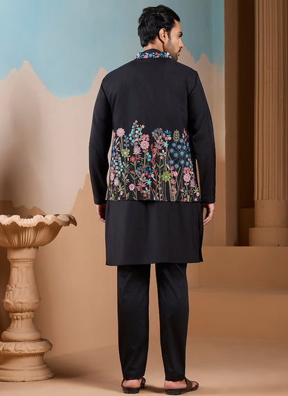 Silk Black Wedding Wear Embroidery Work Readymade Kurta Pajama With Jacket 387115