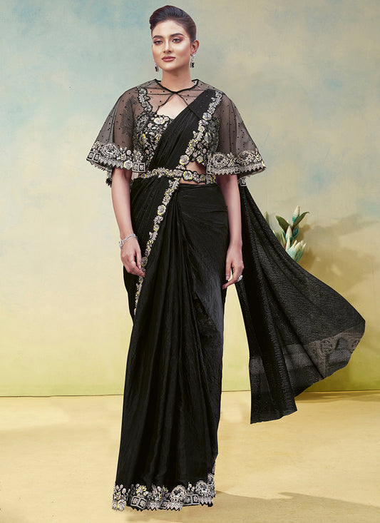 Black Two Tone Satin Silk Sequin Work Party Wear Ready To Wear Saree SW873005