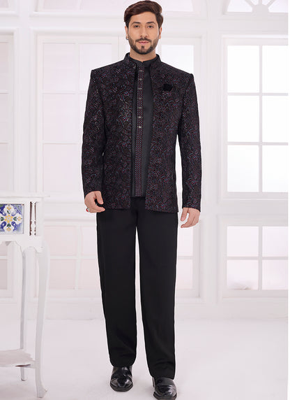Black Velvet Pattern Pc Work Party Wear Readymade Jodhpuri Suit SW973034