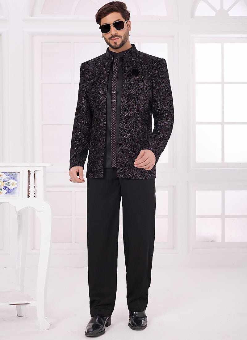 Black Velvet Pattern Pc Work Party Wear Readymade Jodhpuri Suit SW973034