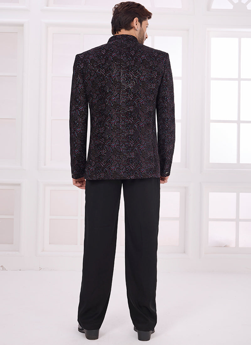 Black Velvet Pattern Pc Work Party Wear Readymade Jodhpuri Suit SW973034