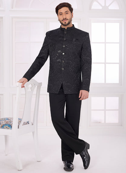 Black Velvet Pattern Pc Work Party Wear Readymade Jodhpuri Suit SW528112