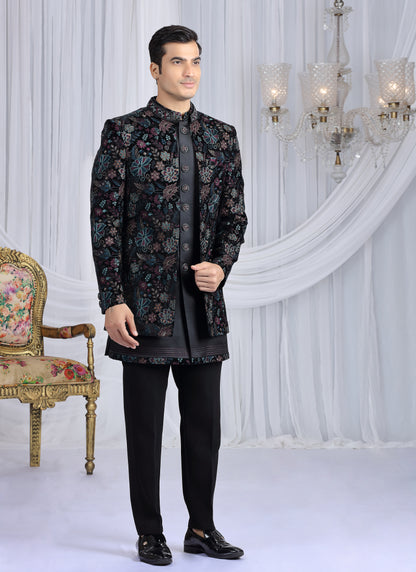 Velvet Silk Black Wedding Wear Computer Thread Work Readymade Indo Western Sherwani 386028