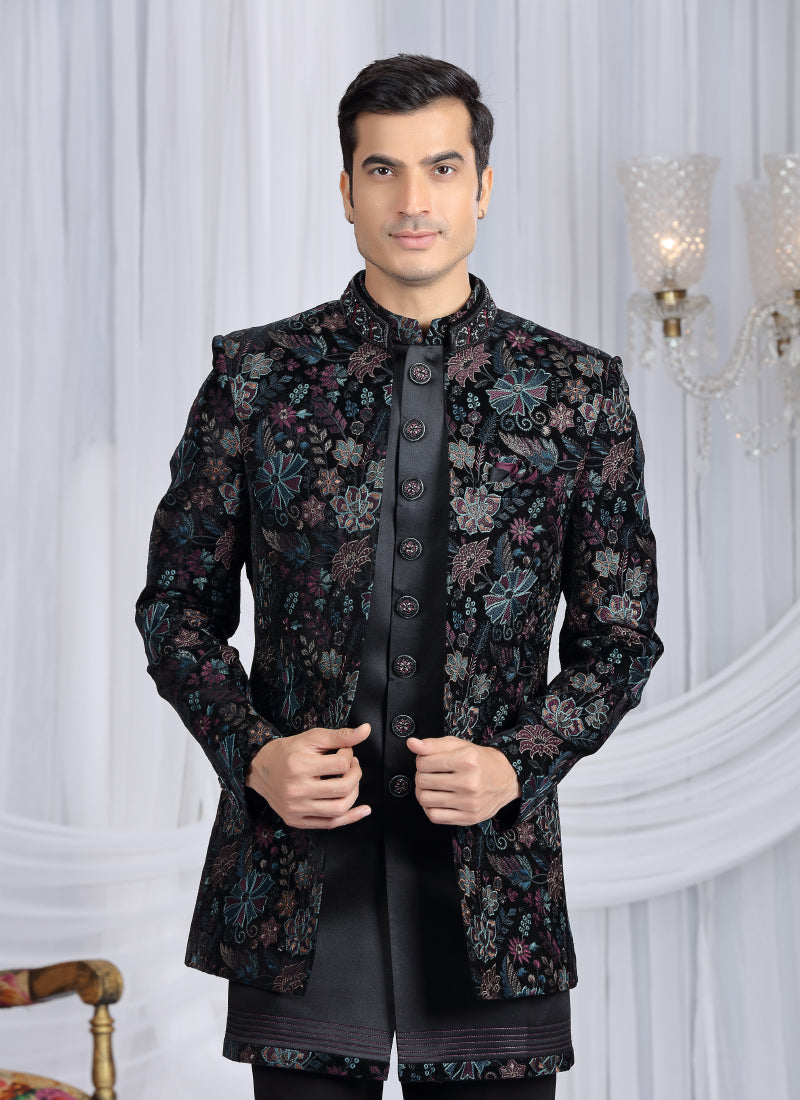 Velvet Silk Black Wedding Wear Computer Thread Work Readymade Indo Western Sherwani 386028