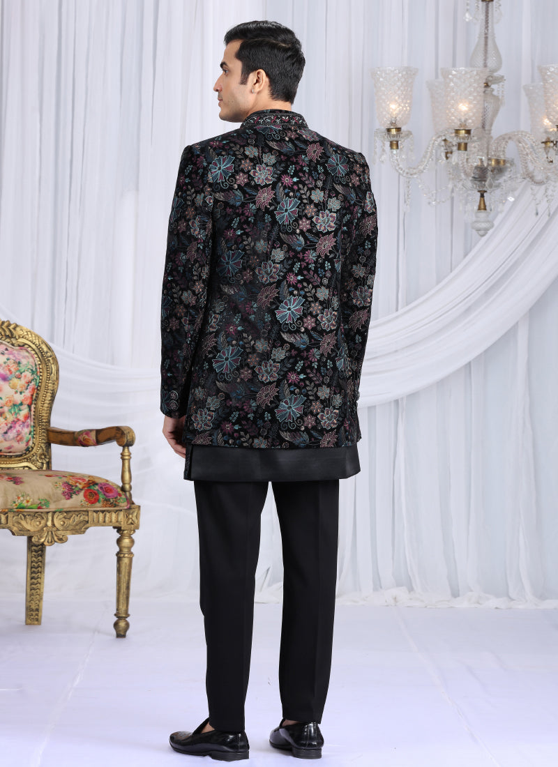 Velvet Silk Black Wedding Wear Computer Thread Work Readymade Indo Western Sherwani 386028