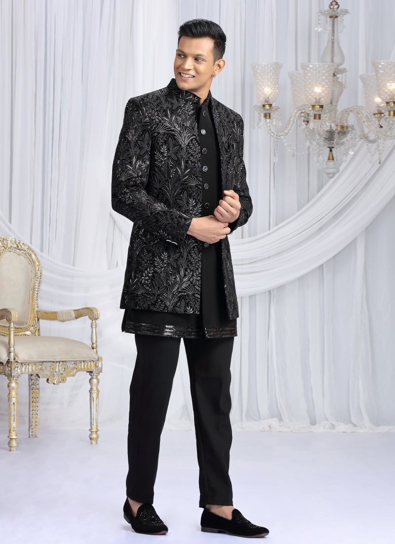 Velvet Silk Black Wedding Wear Computer Thread Work Readymade Indo Western Sherwani 386031