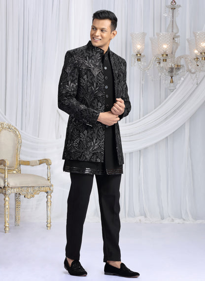 Velvet Silk Black Wedding Wear Computer Thread Work Readymade Indo Western Sherwani 386031