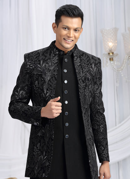 Velvet Silk Black Wedding Wear Computer Thread Work Readymade Indo Western Sherwani 386031