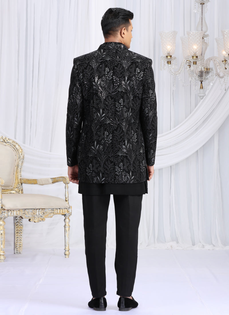 Velvet Silk Black Wedding Wear Computer Thread Work Readymade Indo Western Sherwani 386031