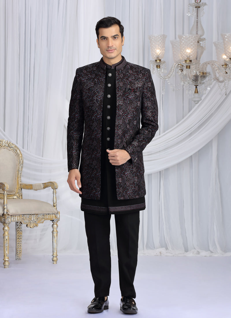 Velvet Silk Black Wedding Wear Computer Thread Work Readymade Indo Western Sherwani 386034
