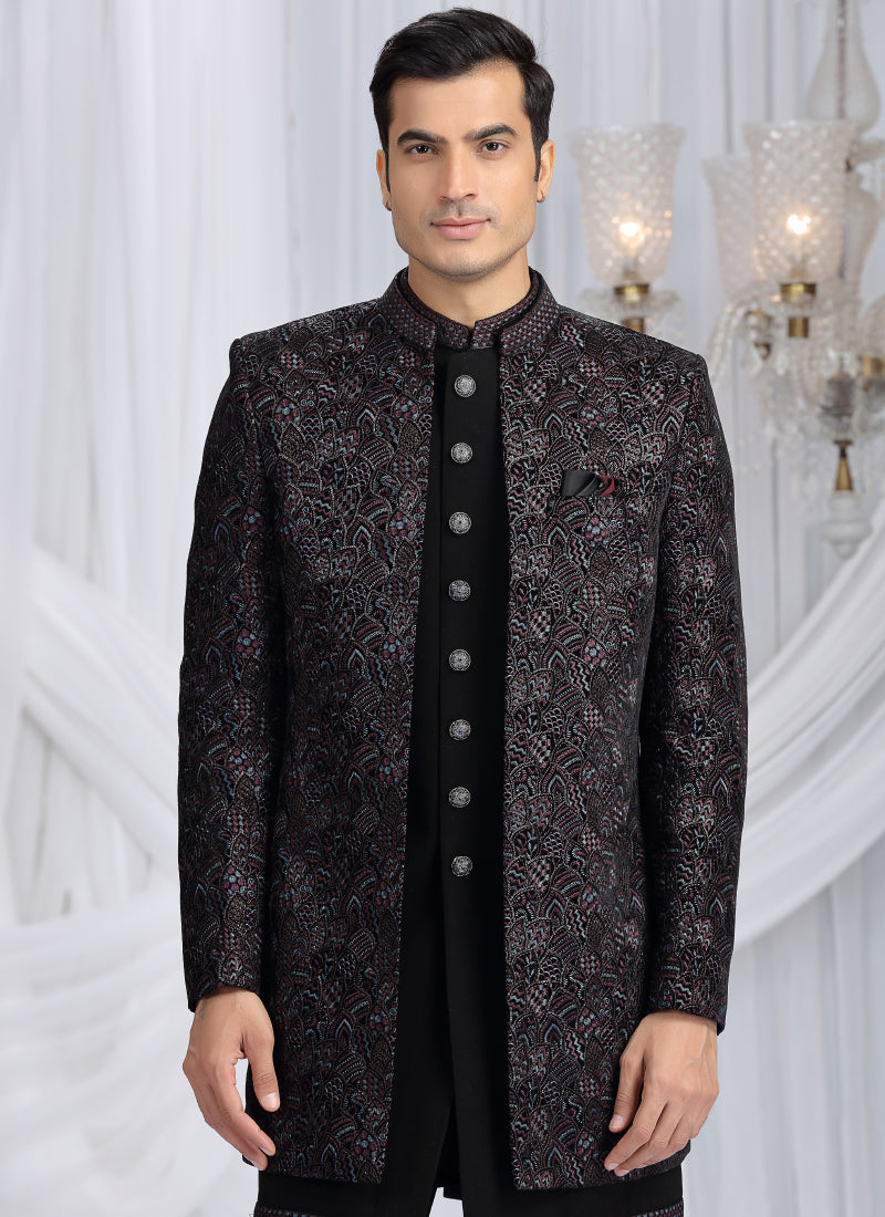 Velvet Silk Black Wedding Wear Computer Thread Work Readymade Indo Western Sherwani 386034