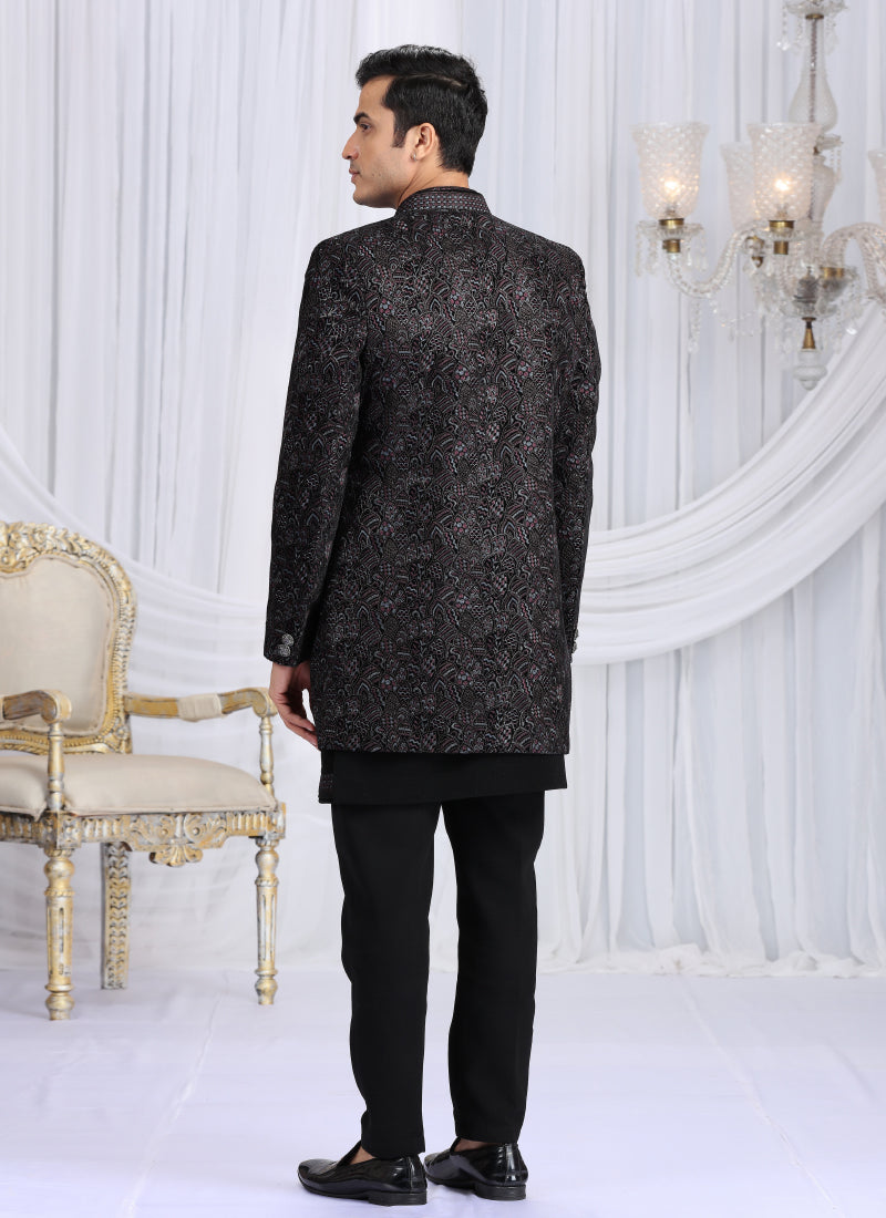 Velvet Silk Black Wedding Wear Computer Thread Work Readymade Indo Western Sherwani 386034