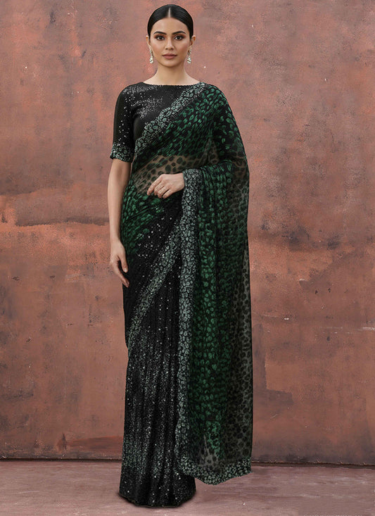 Velvet Black Wedding Wear Bead Work Ready To Wear Saree 387532