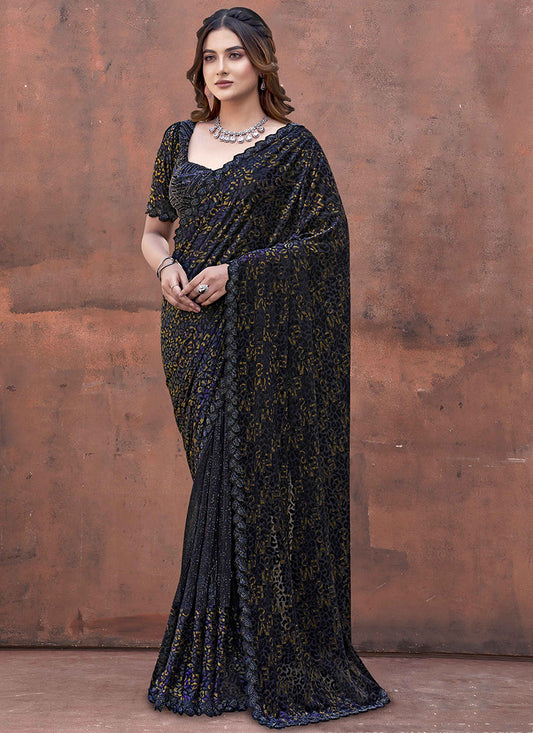 Velvet Black Wedding Wear Bead Work Ready To Wear Saree 387535